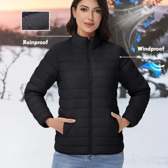 Quilted Puffer Jacket Lightweight Warm Winter Coat Stand Collar Full Zip Chic